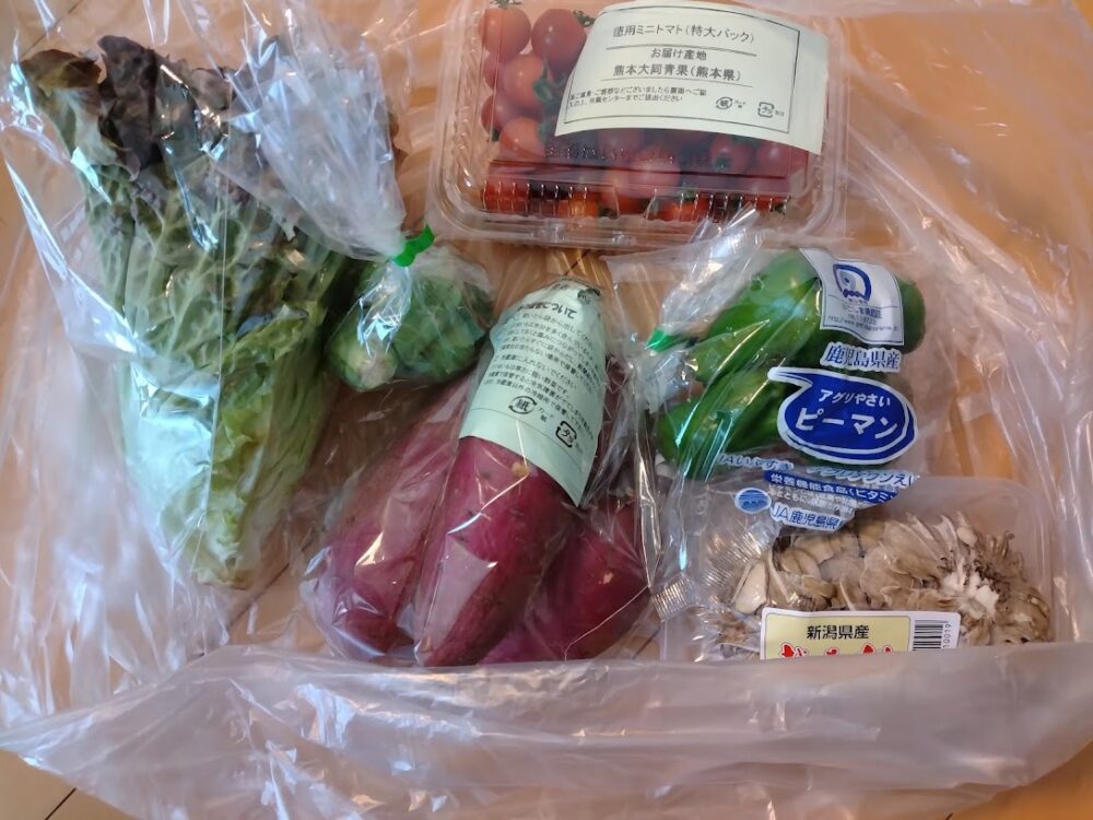 大きな袋に入った野菜、青果