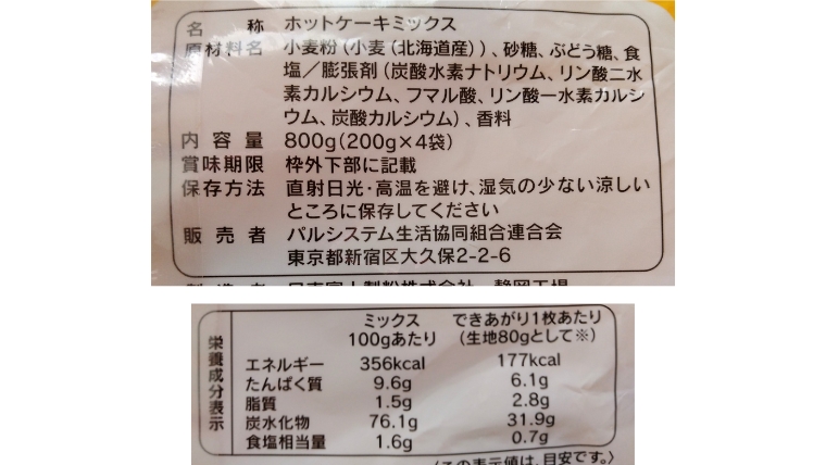 パルシステム「産直小麦のホットケーキミックス」原材料表示・栄養成分表示