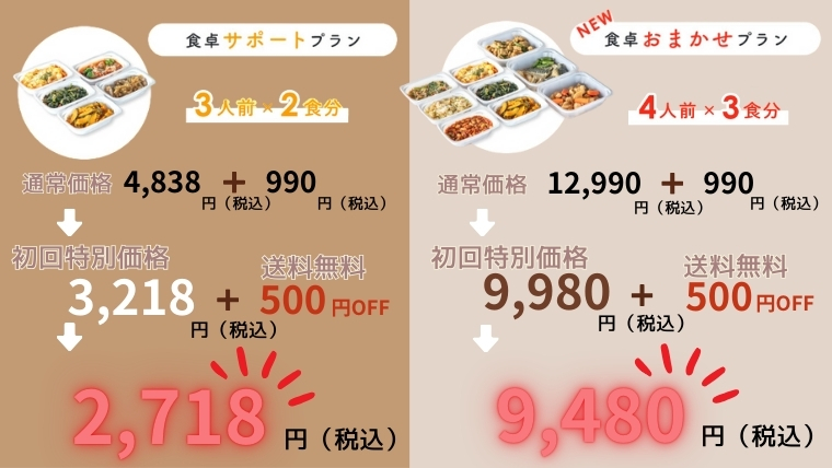 2つのプラン、初回限定価格と送料無料と500円OFF